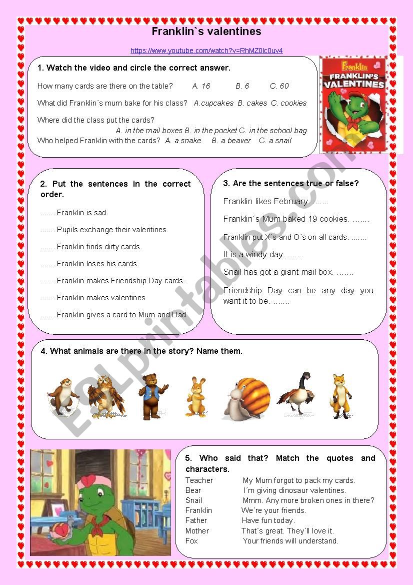 Franklin`s valentines worksheet